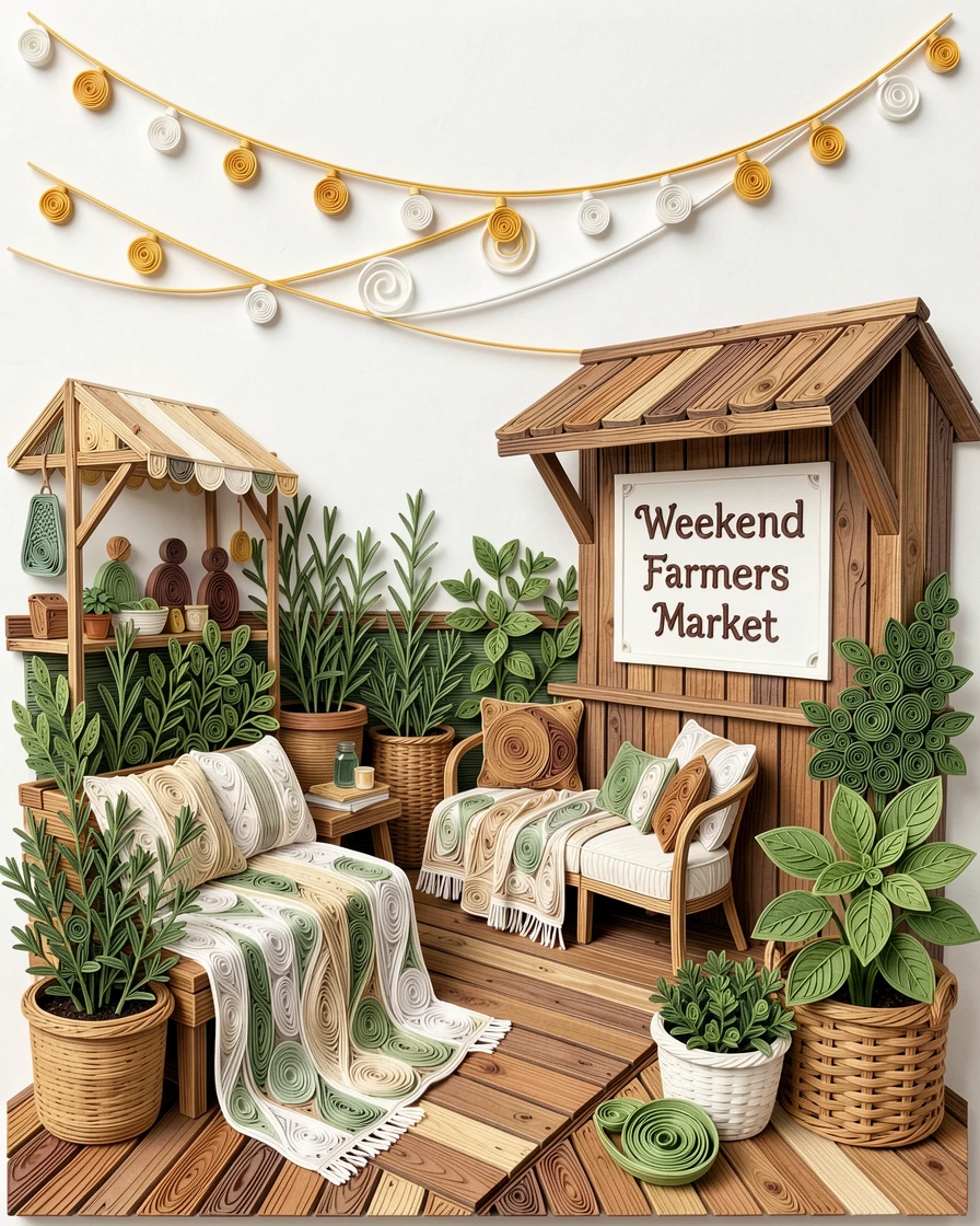 A relaxed modern lifestyle scene of a rooftop garden filled with herbs and string lights at an outdoor weekend farmers market, in a fresh palette of white, sage green, and warm wood tones, arranged with cozy layered textures throughout.