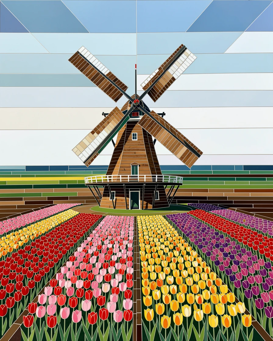 A traditional windmill standing among dutch tulip fields, viewed from a dramatic elevated vantage point.