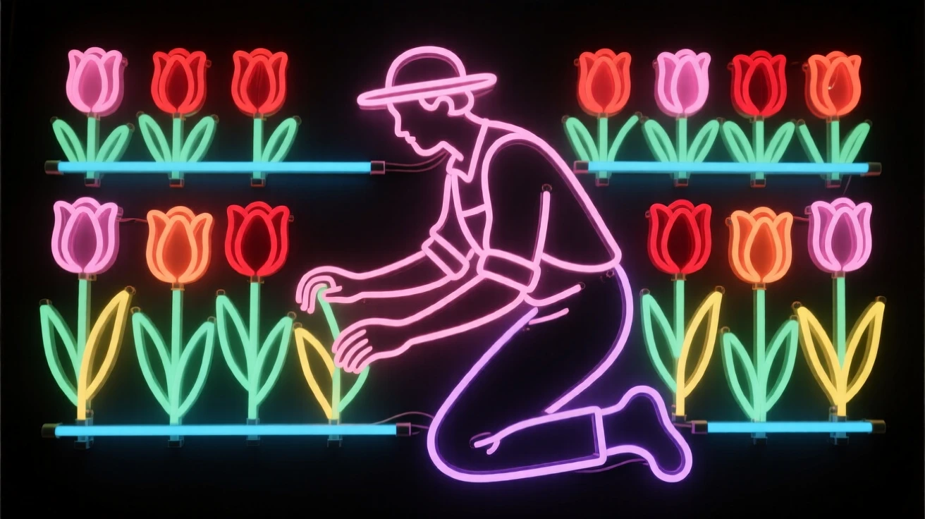 A gardener kneeling among rows of blooming tulips.