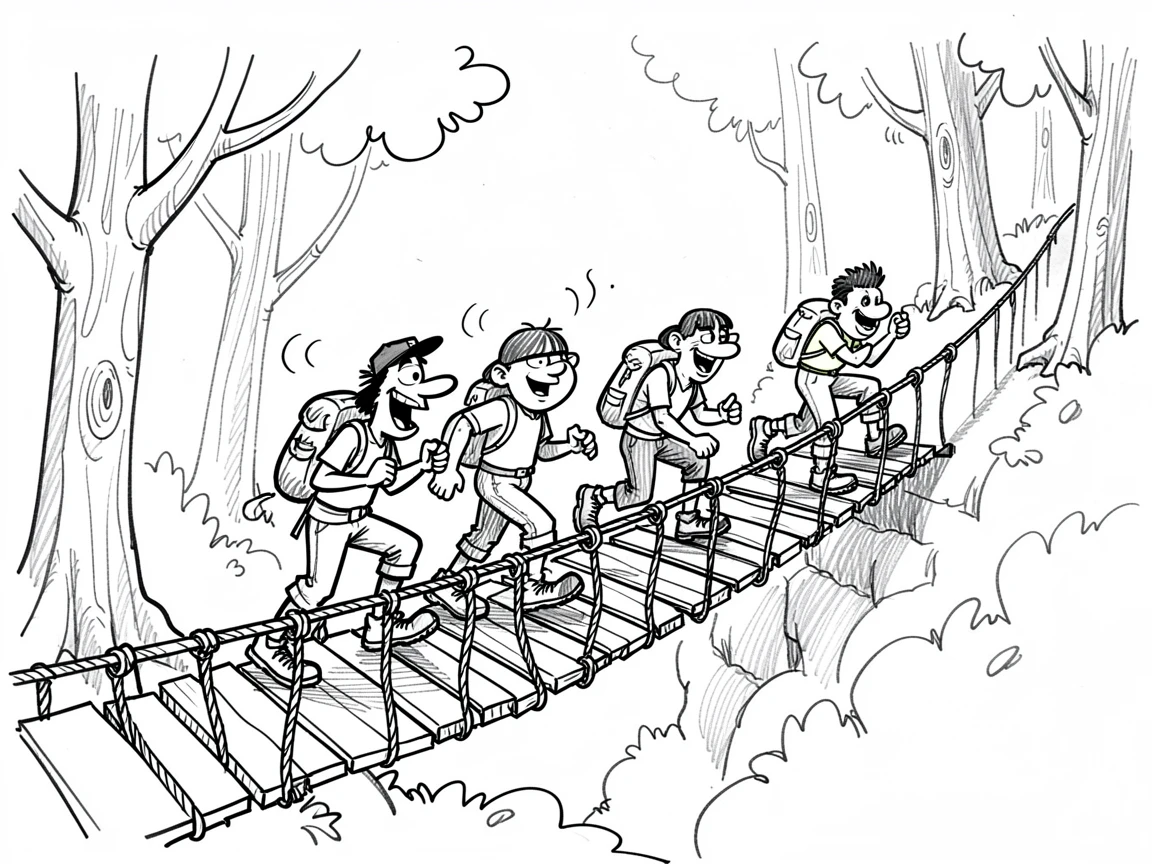 A group of hikers crossing a rope bridge along a winding forest trail.