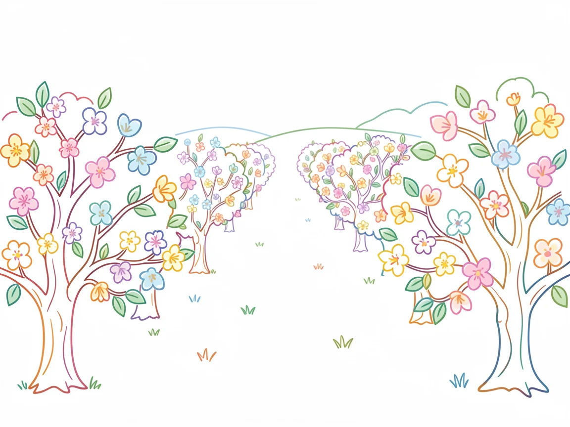 A quiet orchard with rows of blossoming apple trees in spring.