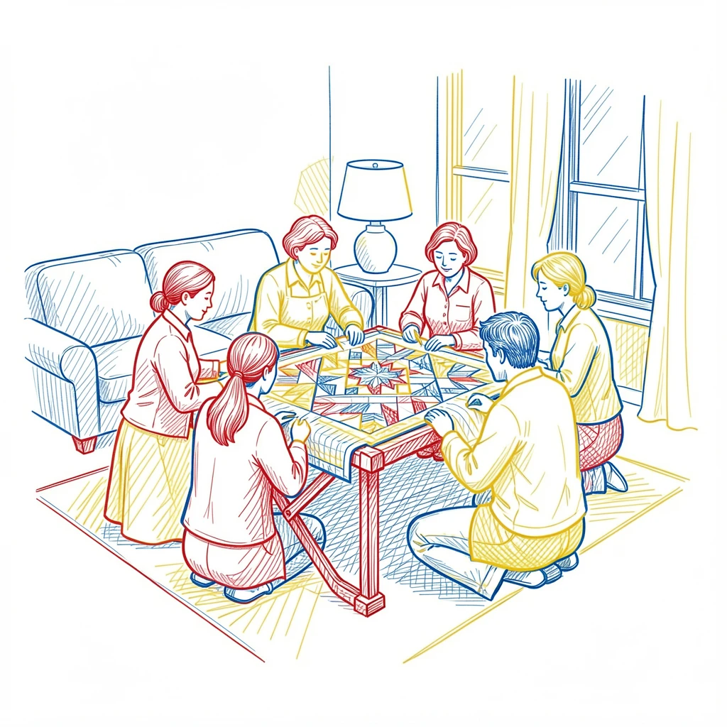 A quilting circle gathered around a large frame in a cozy living room
