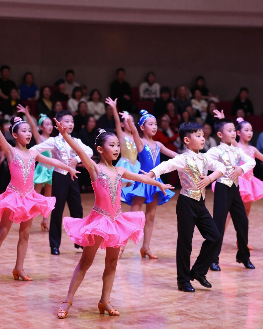 A dance recital with young performers in sparkling costumes