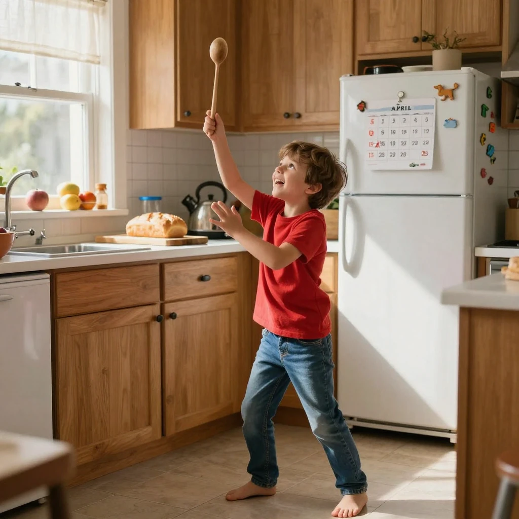 A young boy conducts an imaginary orchestra with a wooden spoon in the kitchen.
