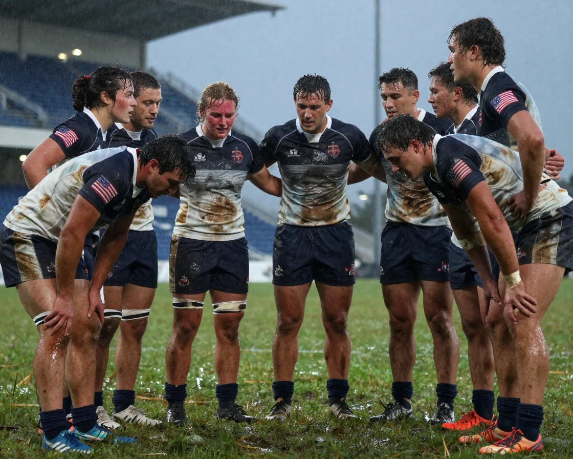 A team of rugby players pausing to catch their breath after a long effort on a rain-soaked field