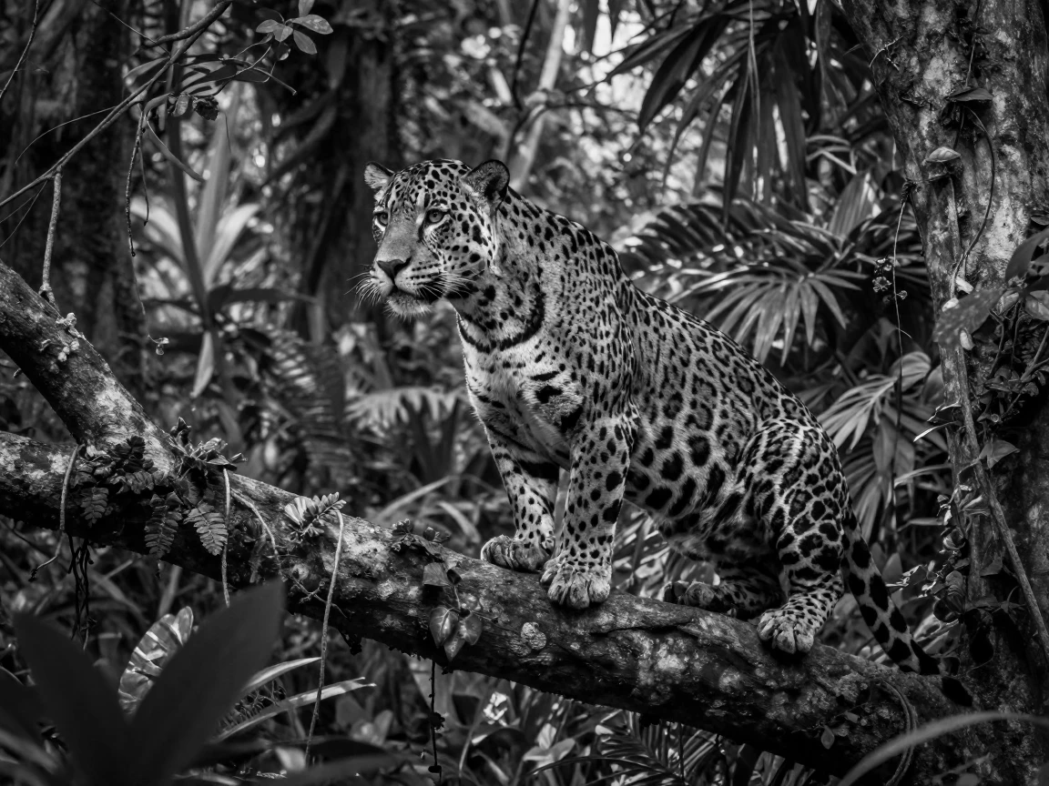 A jaguar climbs a tree branch overlooking the jungle floor through a dense tropical jungle.
