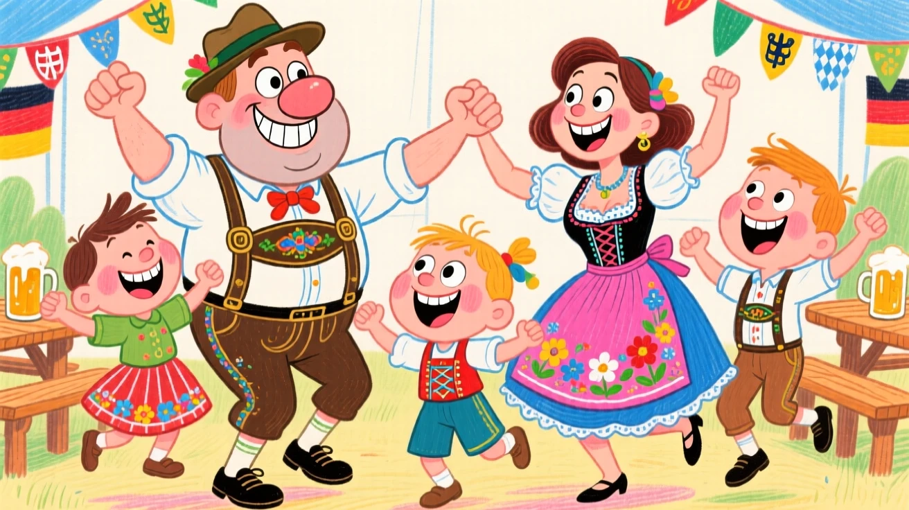 A traditional German family in lederhosen and dirndls dancing at a folk festival.