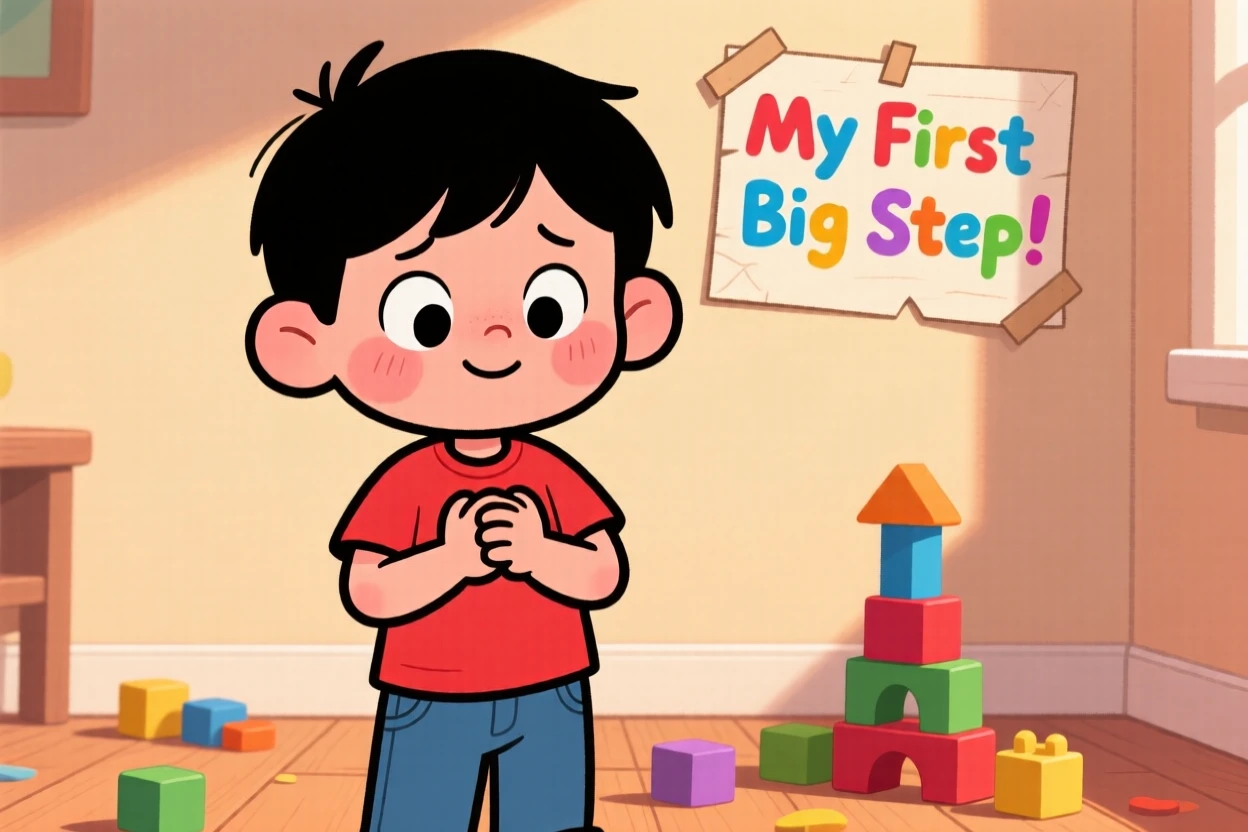 A heartwarming moment depicting a shy little boy celebrating a small but meaningful milestone, with hands clasped tightly together.