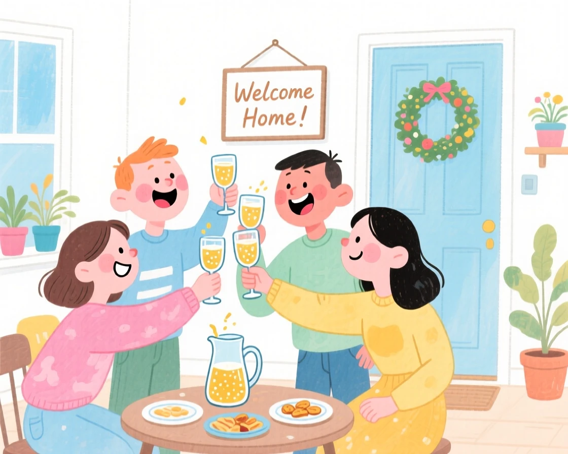 A joyful celebration scene of a housewarming party with friends toasting in a new home, bursting with color and joy