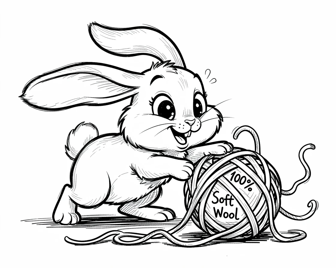 [Cute Animals & Pets] Adorable scene of a playful bunny playing with a ball of yarn, bursting with charm and playful energy