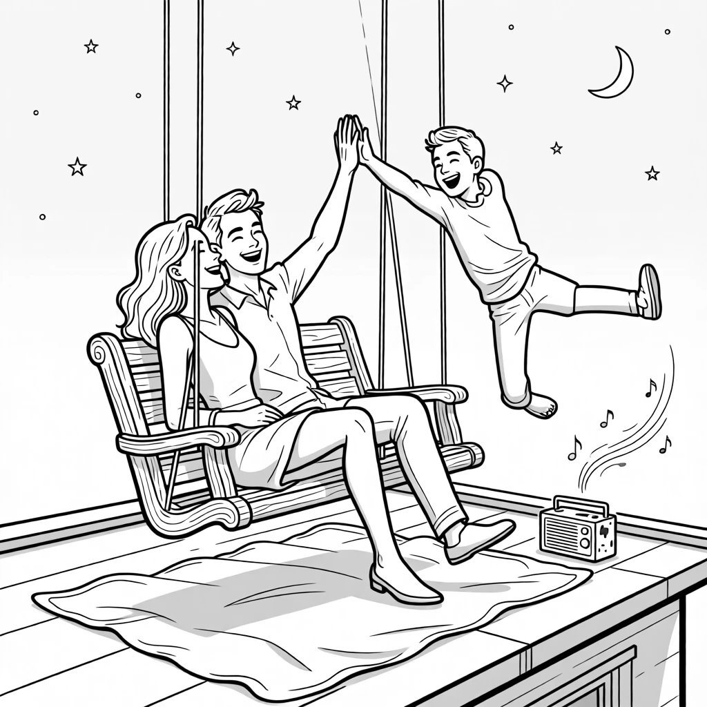 A pair leaning together on a porch swing at sunset, leaping into an exuberant double high-five, set on a rooftop blanket under a clear night sky. A paint-stained radio plays faintly in the background. It captures romance in its most playful, everyday form.