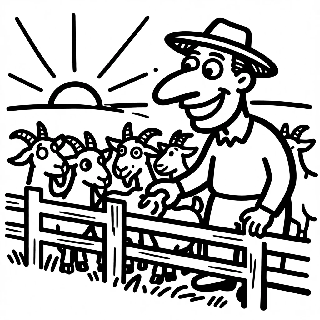 A farmer feeding a group of curious goats over a wooden fence at sunrise.
