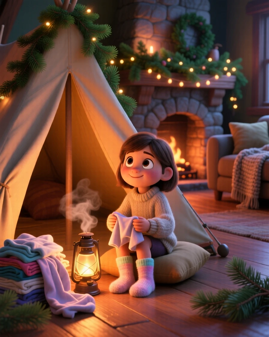 A little girl in fuzzy socks sits inside a tent glowing from a lantern, folding warm laundry fresh from the dryer. The mood is snug, tender, and softly domestic, with pine branches decorating the mantel.