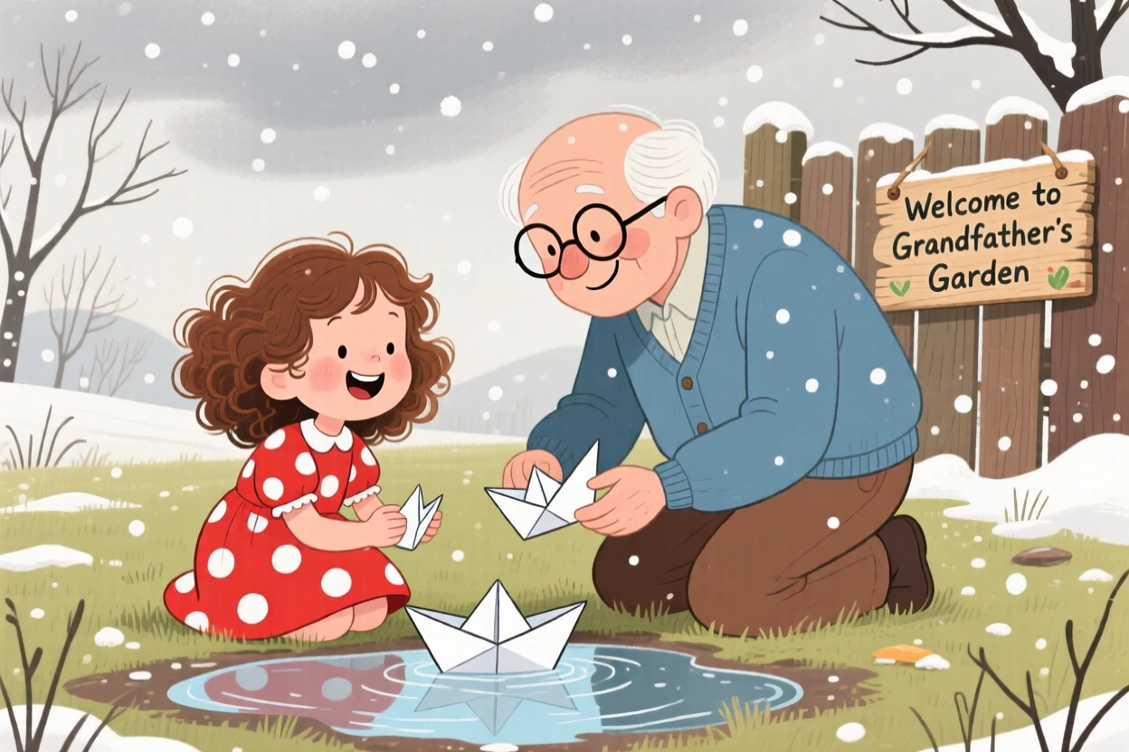 A girl in a polka-dot dress laughs while making paper boats to float in a puddle together with his grandfather, while soft snow falls outside.