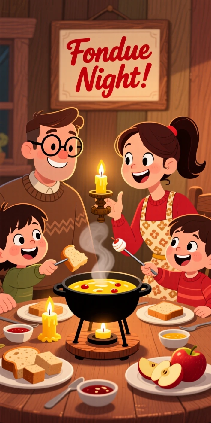 A family enjoying a traditional fondue dinner by candlelight.