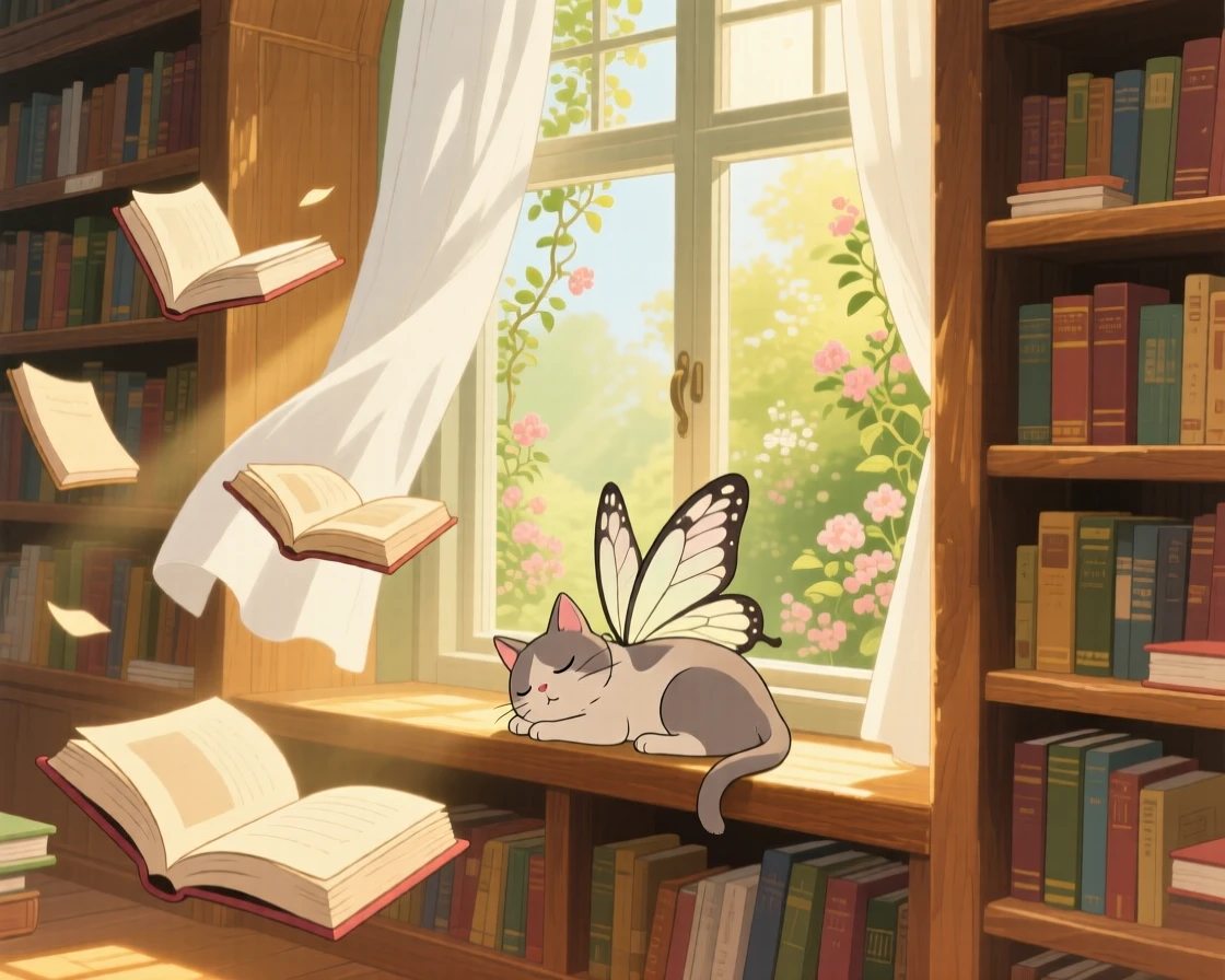 A library where books float open on their own, where a cat with butterfly wings napping on a windowsill can be seen nearby, the atmosphere dreamlike and inviting.
