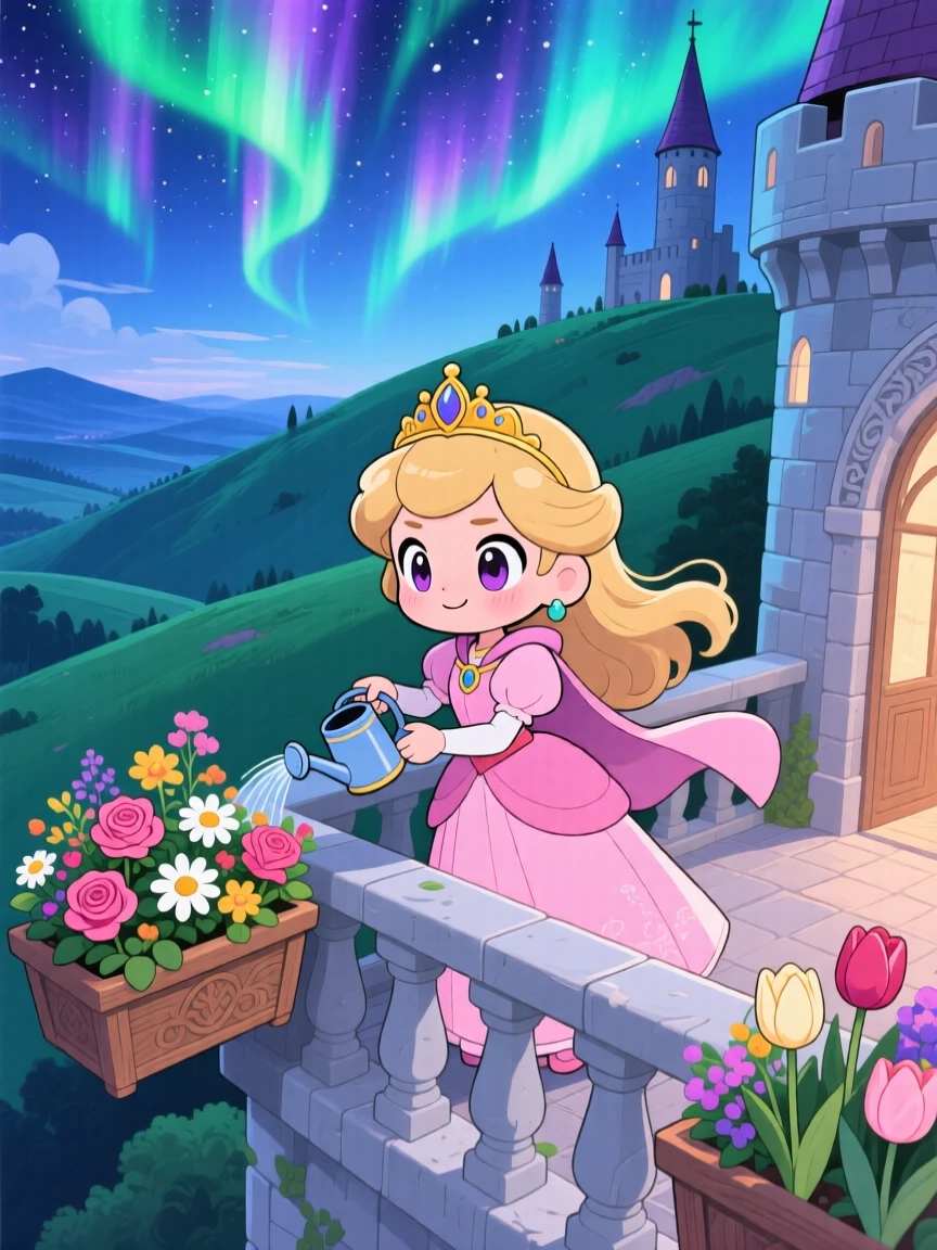 In a fairy-tale hilltop castle, a young princess is watering flower boxes on a castle balcony beneath swirling aurora-lit skies, bathed in cool blue twilight glow, expression full of proud determination. Shot as a bird's-eye view.