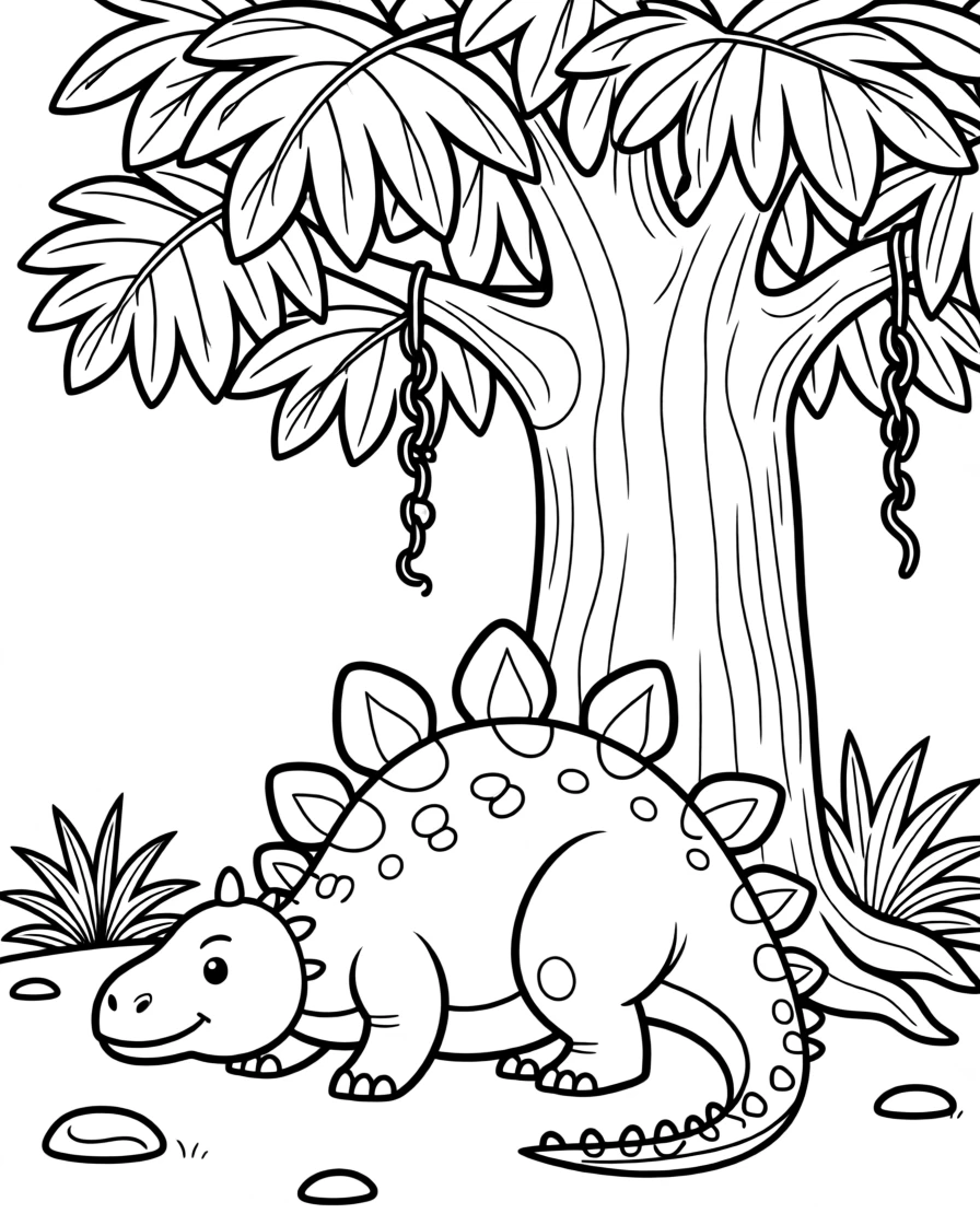 A Stegosaurus resting under a giant prehistoric tree