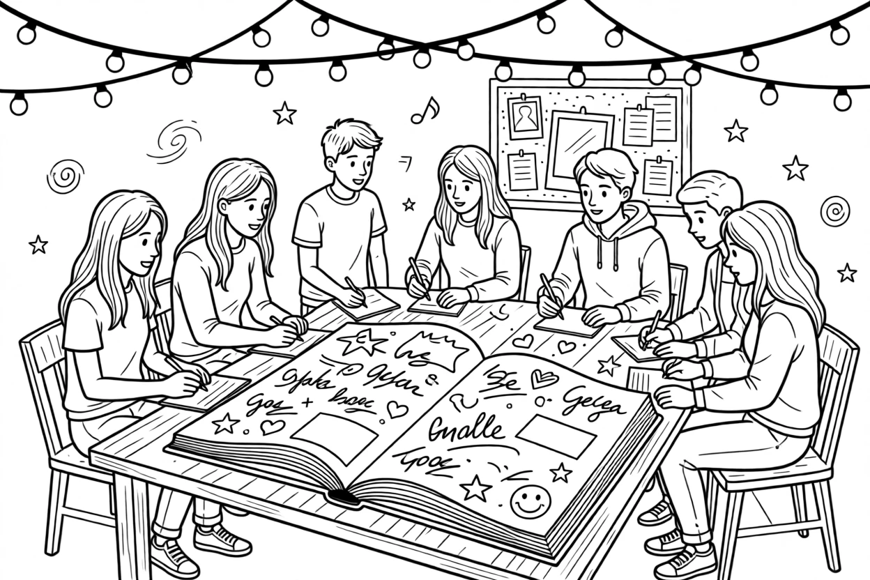 A yearbook page filled with signatures and doodles, with string lights strung across the ceiling.