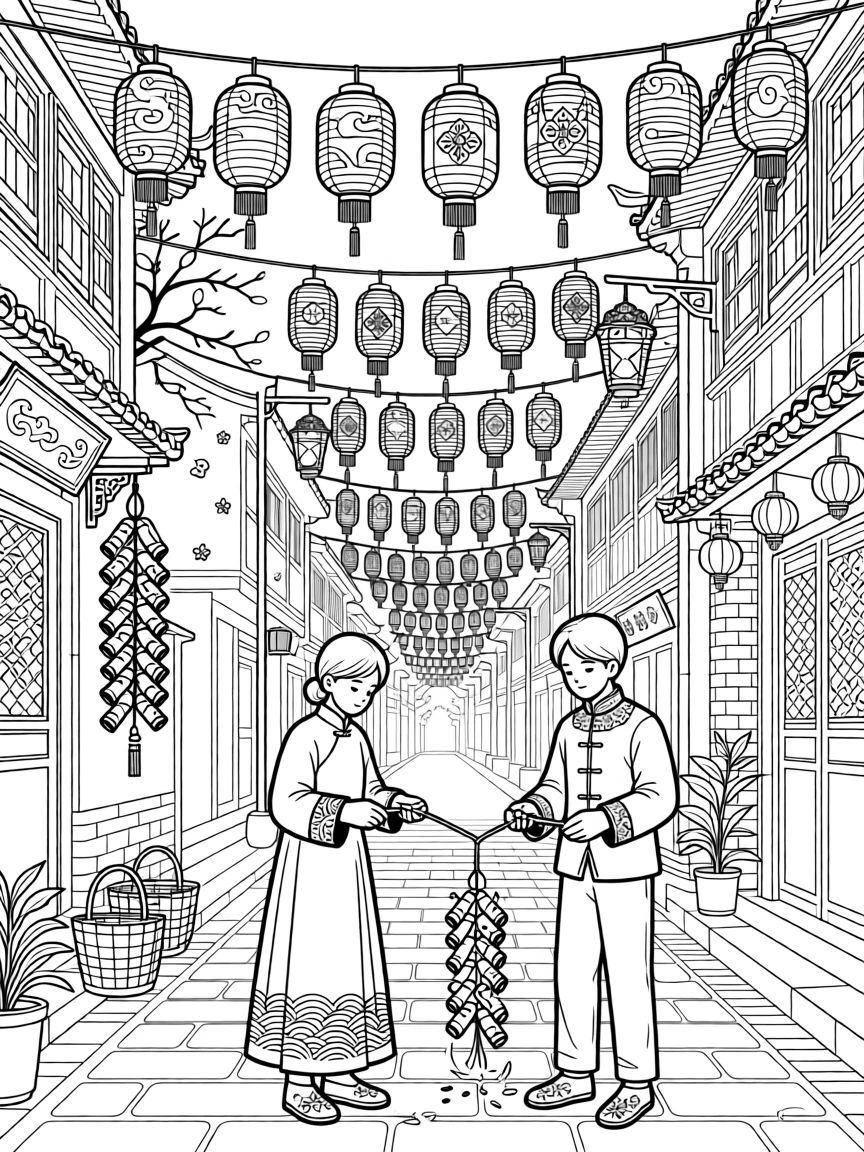 A New Year firecracker scene with red lanterns lining a street.