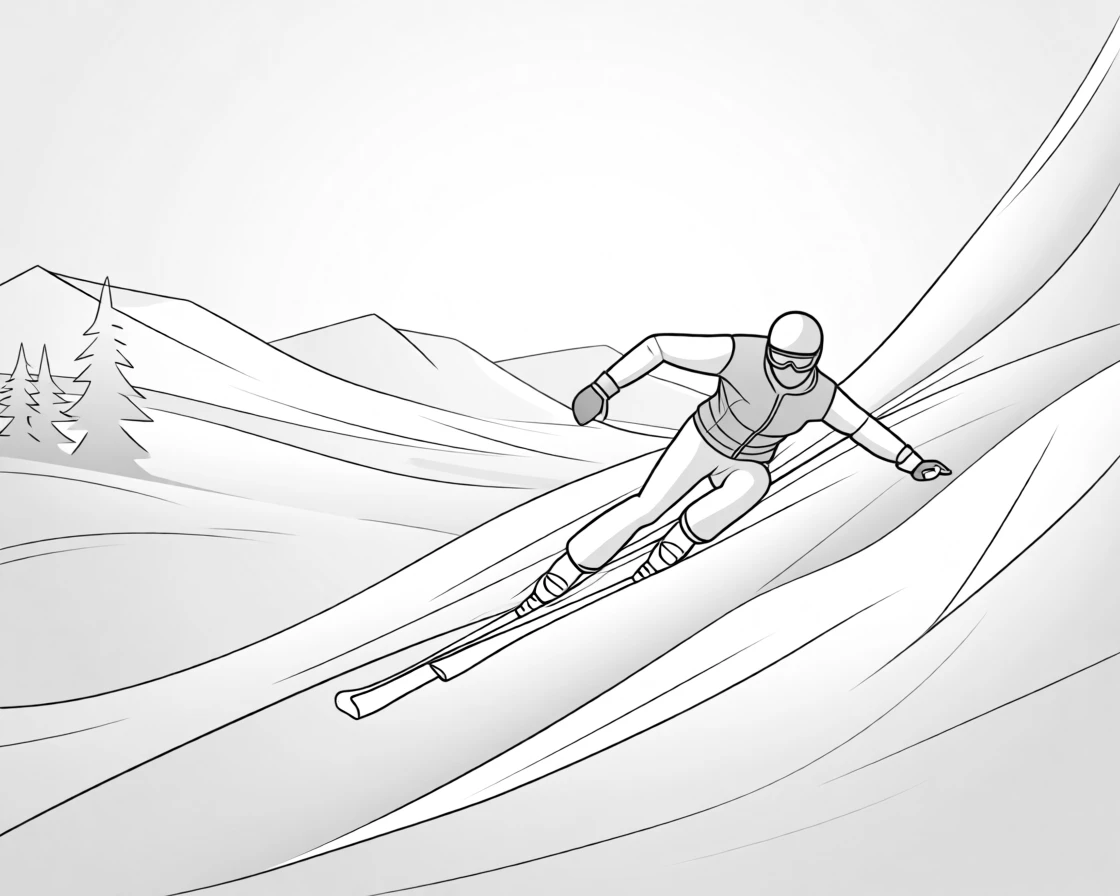 A skier carving down a snow-covered mountain slope