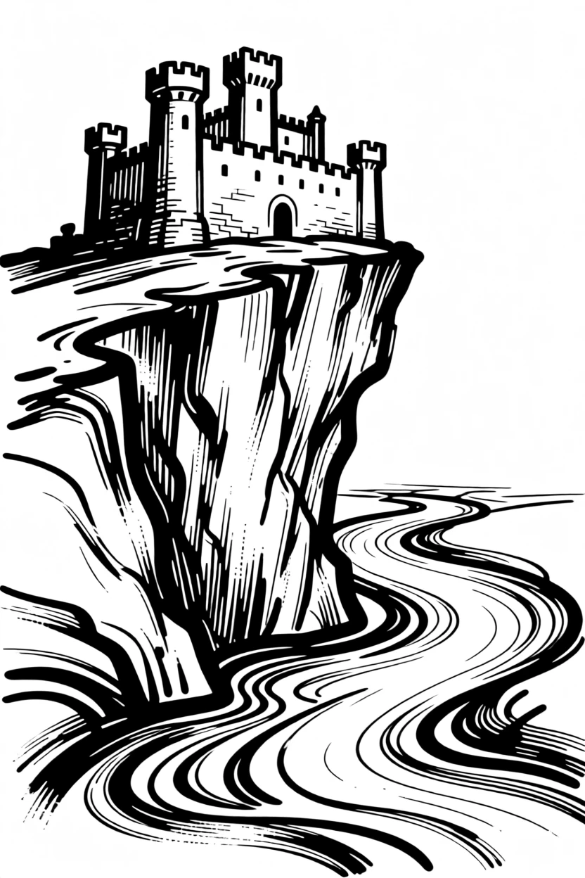 A medieval castle perched on a cliff overlooking a winding river.