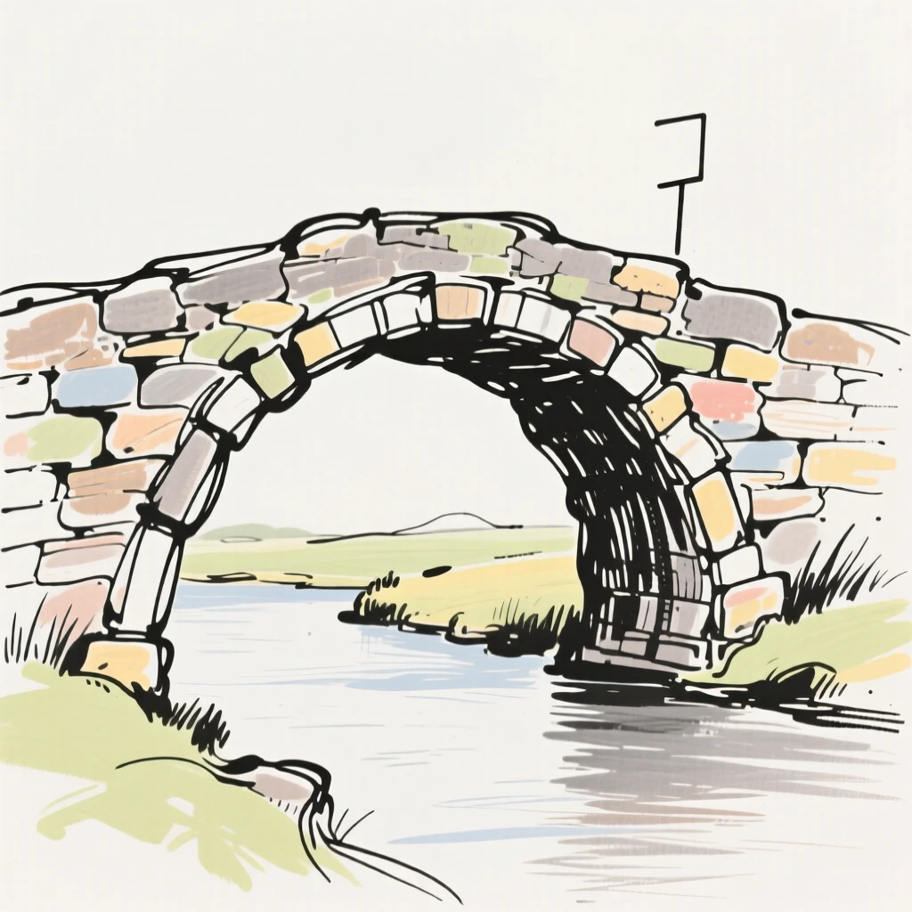 A rustic stone bridge arching over a quiet countryside river.