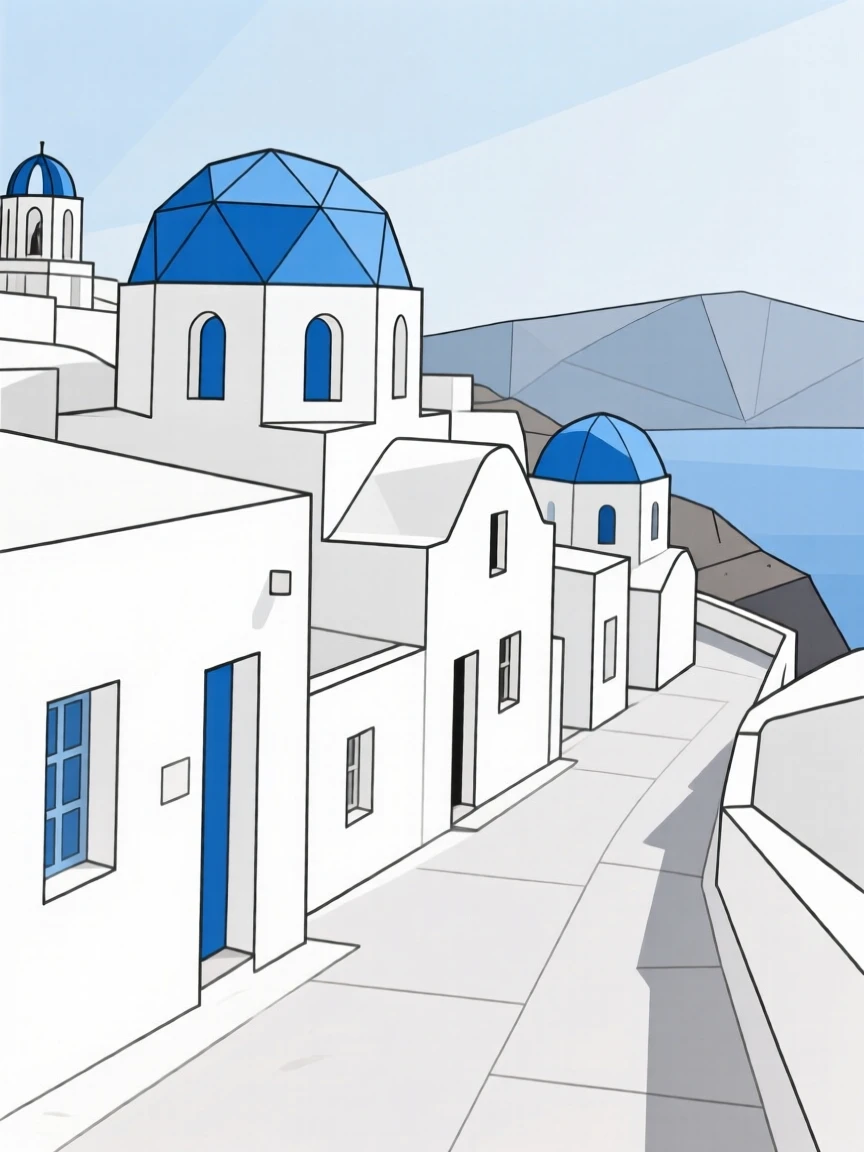 A quiet Santorini street with white buildings and blue domes