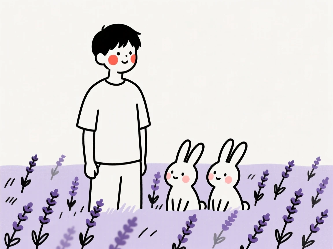 A young man with a pair of bunnies, looking hopeful toward the horizon, in a lavender field.