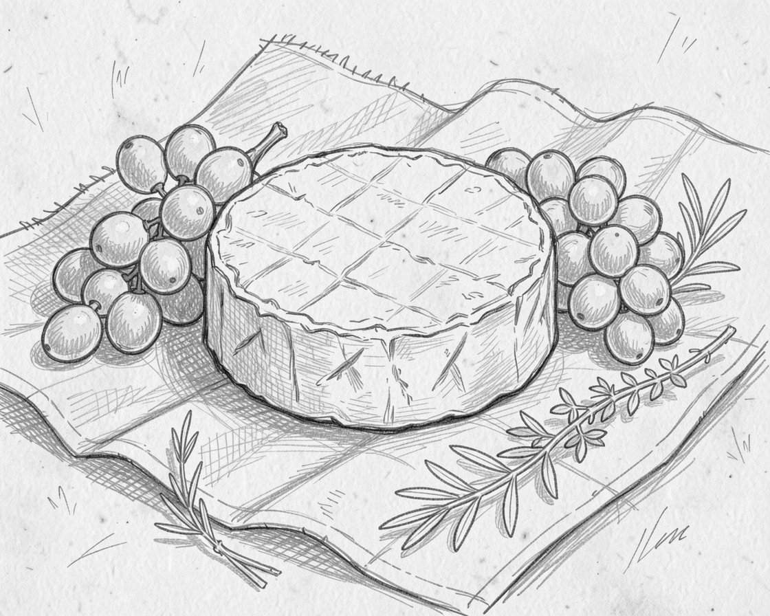 A wheel of artisan cheese with grapes on a weathered picnic blanket, with fresh herbs scattered nearby.