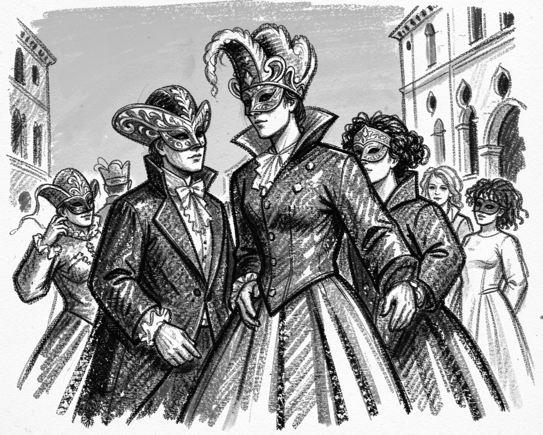 A Venetian masquerade ball with elaborate masks, under a clear blue midday sky.