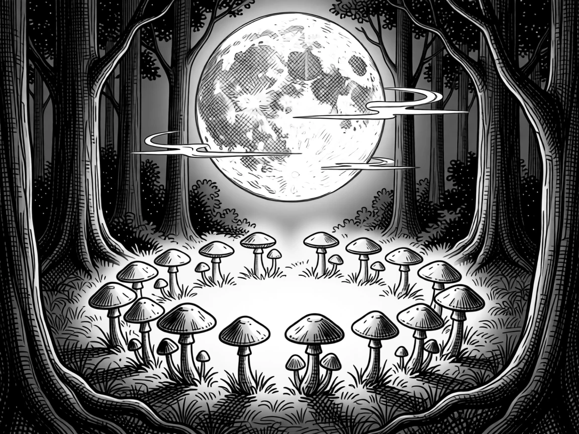 A hidden fairy ring glowing softly beneath a full harvest moon.