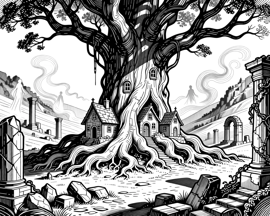 A hidden fairy village nestled in tree roots in a valley scattered with ancient ruins, with shadows shaped like whispered stories, forming a majestic and mythical fantasy scene.