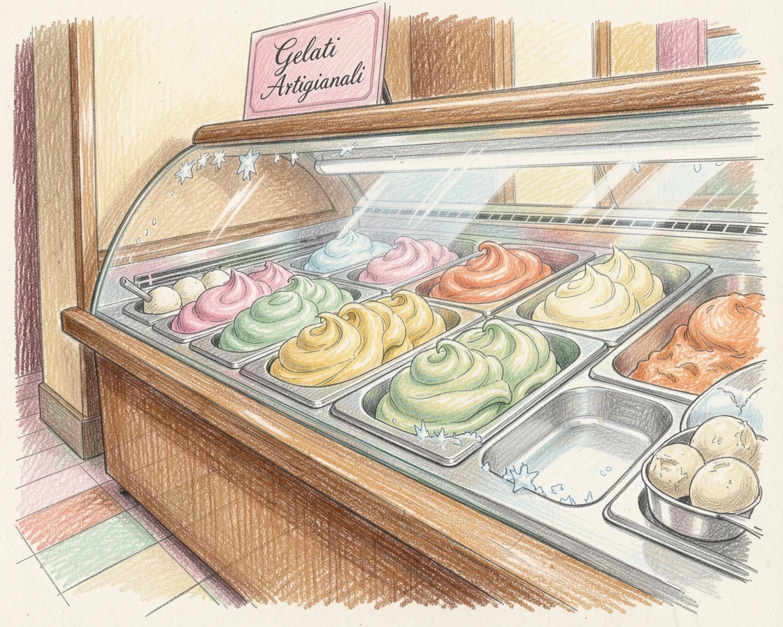 An Italian gelato shop with colorful swirls behind glass, captured in a quiet, intimate moment full of atmosphere, celebrating a moment people would love to revisit.