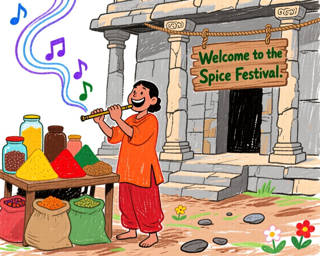 A spice market vendor performing beside an ancient temple.