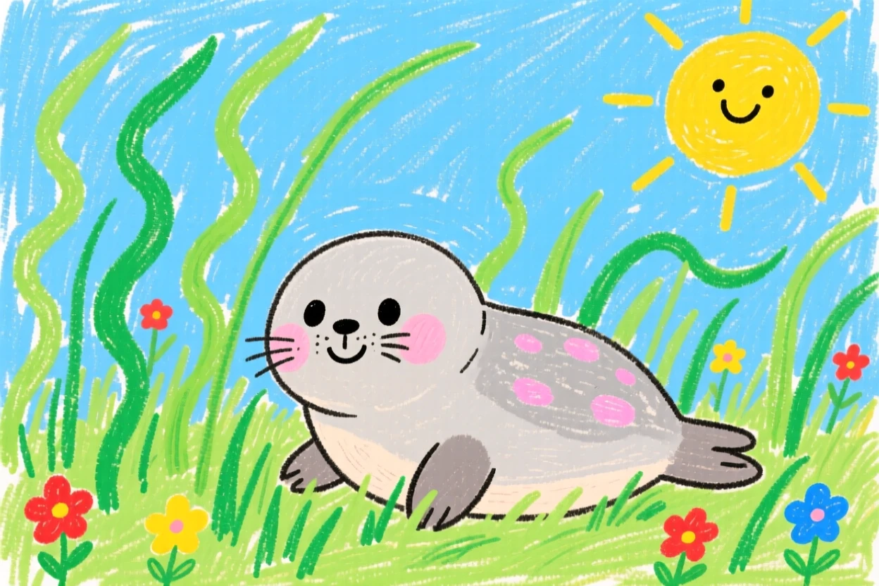 A chubby seal pup exploring tall grass for the first time.