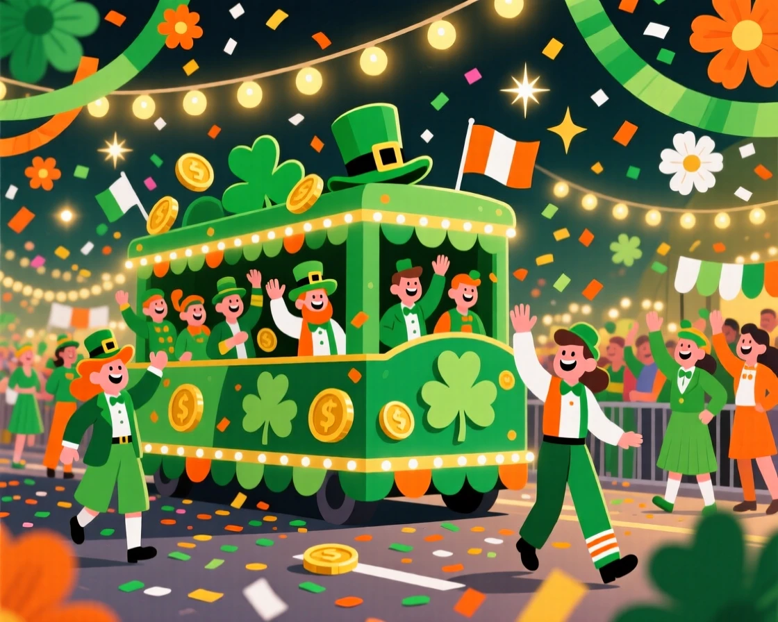 A colorful St. Patrick's Day parade with green decorations, surrounded by confetti and colorful paper decorations, arranged with vibrant colors creating a celebratory mood, with warm twinkling lights adding a magical sparkle.