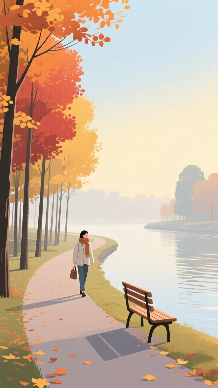 An autumn scene of a quiet morning walk in a riverside path.
