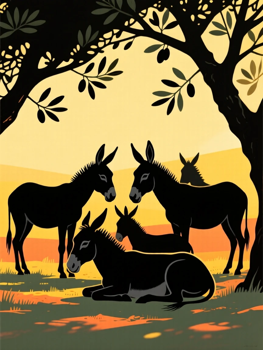 A herd of donkeys resting together in the shade of an olive grove.