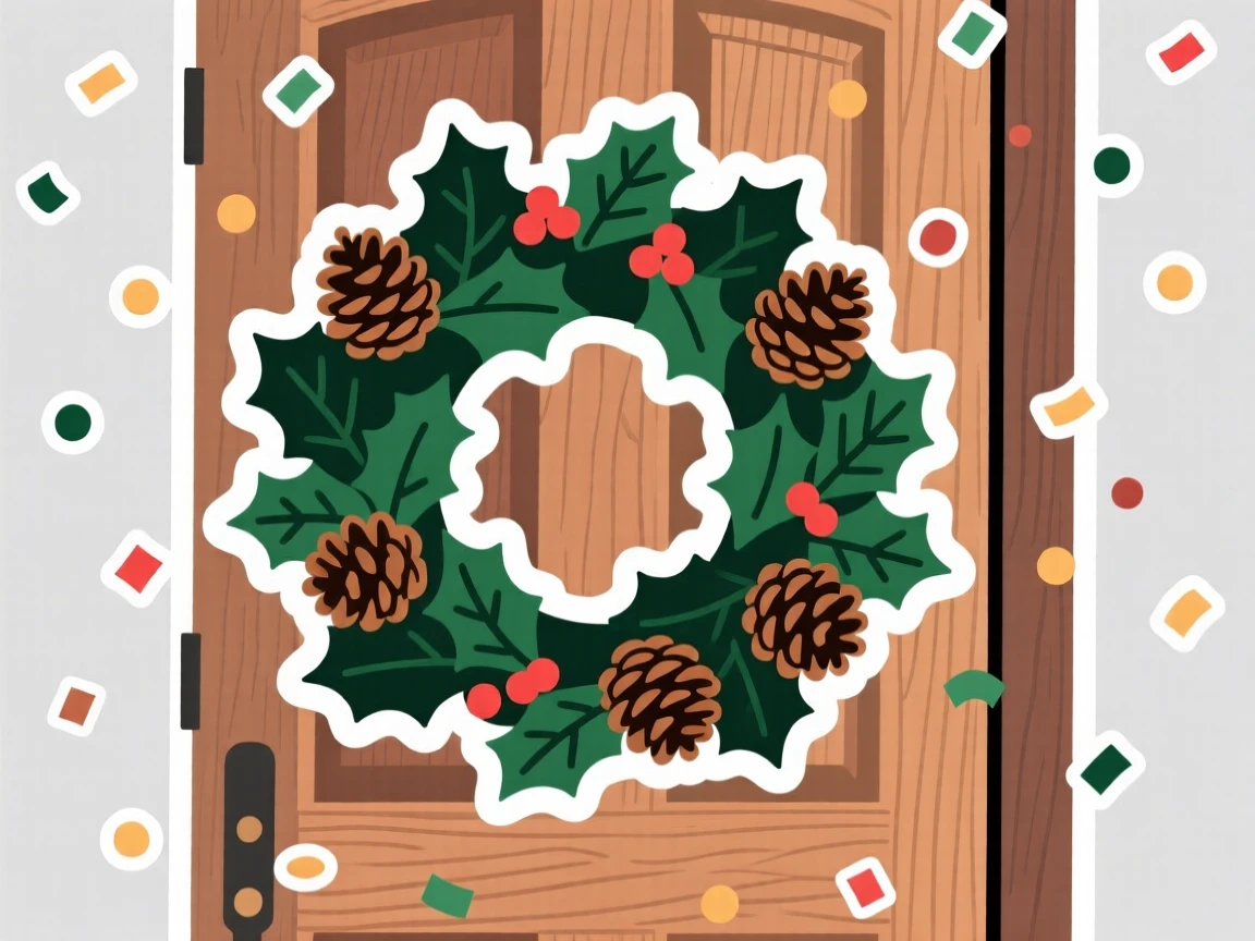 A delightfully whimsical wreath made of holly and pinecones on a door, surrounded by falling confetti, during a beloved yearly tradition.