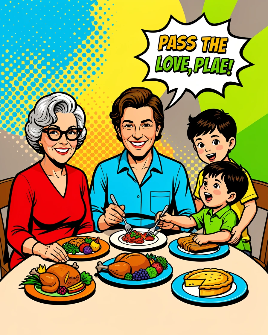 Three generations of a family gathered around a dinner table