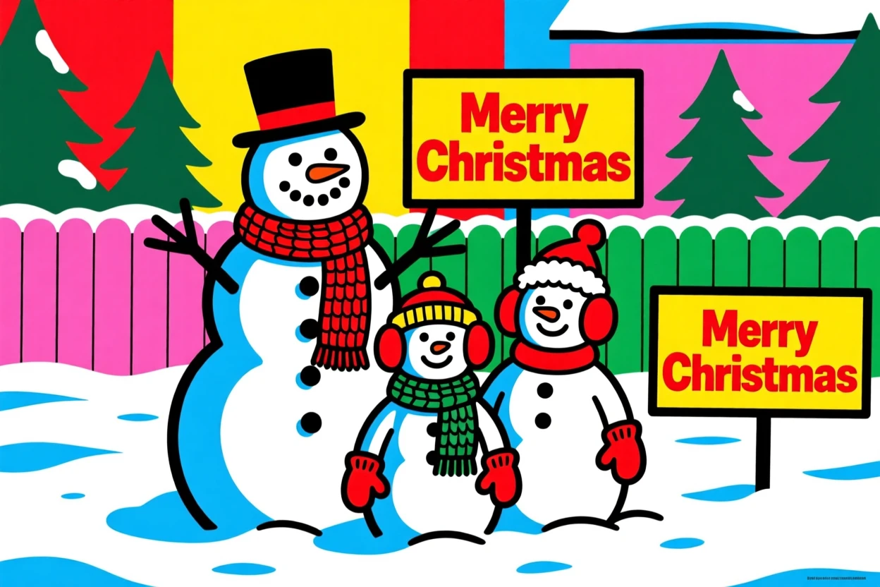 Christmas snowman family in a winter yard