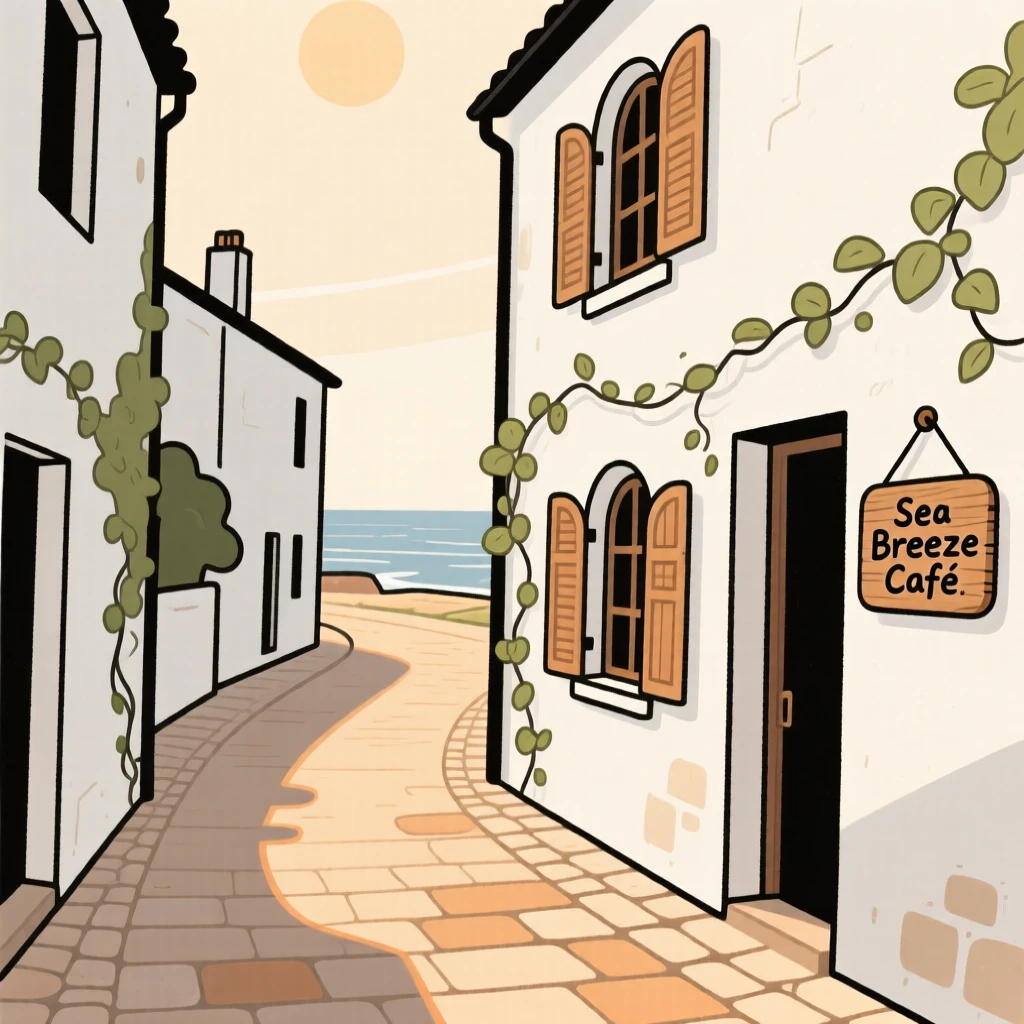 A sunlit alley winds through a small seaside village lined with whitewashed buildings and climbing ivy, quiet in the early morning light.