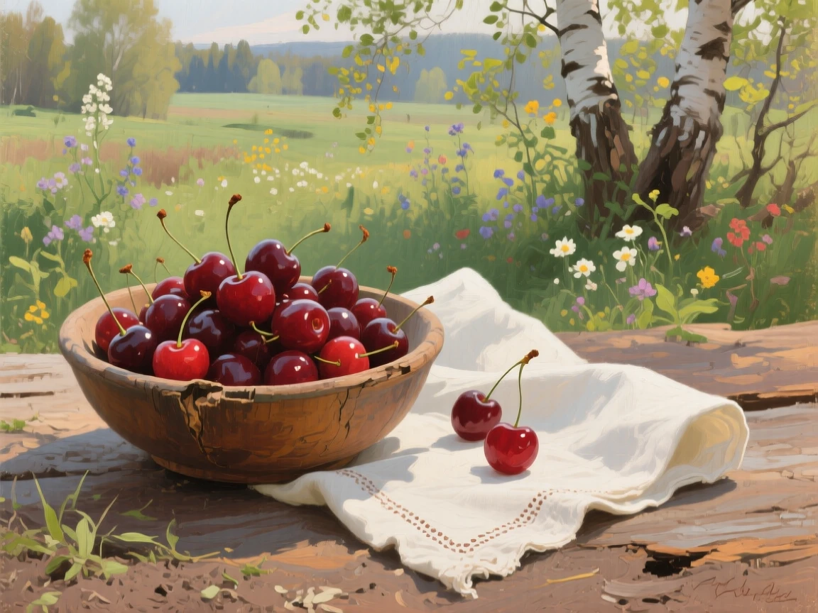 A medium shot of a bowl of freshly picked cherries beside a linen napkin, in the Russian countryside, in late spring.