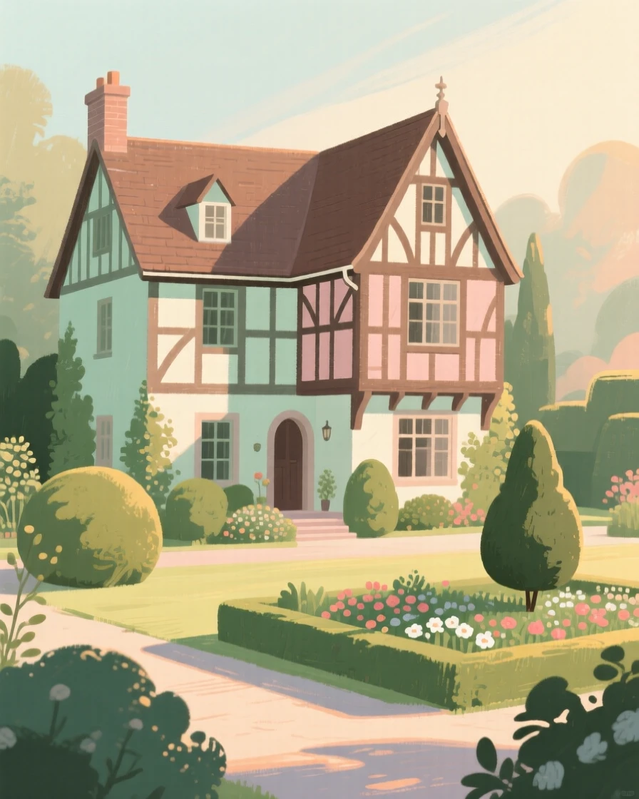A half-timbered manor house surrounded by manicured gardens