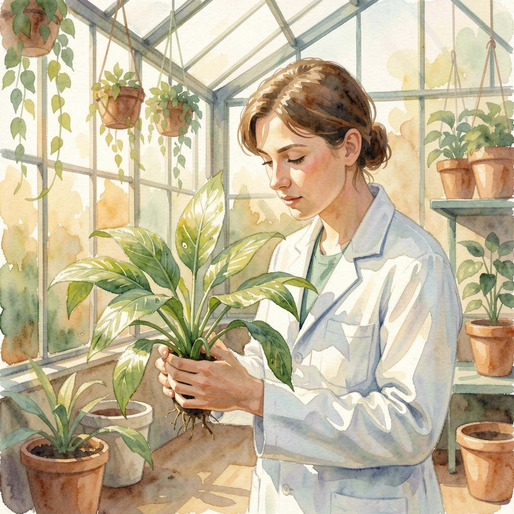 A scientist examining a plant sample in a greenhouse with gentle shadows and warm tones.