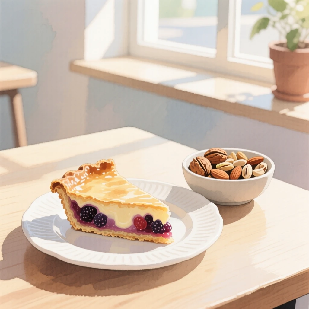 A slice of homemade pie sits beside a bowl of mixed nuts in a sunlit café, arranged beautifully for a delightful meal