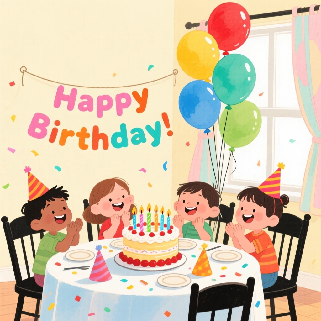 A joyful scene of a birthday party with balloons and a decorated cake.