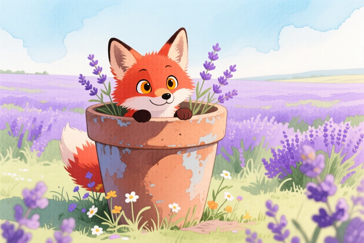 A curious red fox cub peeking out from behind a flower pot, set in a lavender field stretching to the horizon, full of playful curiosity.