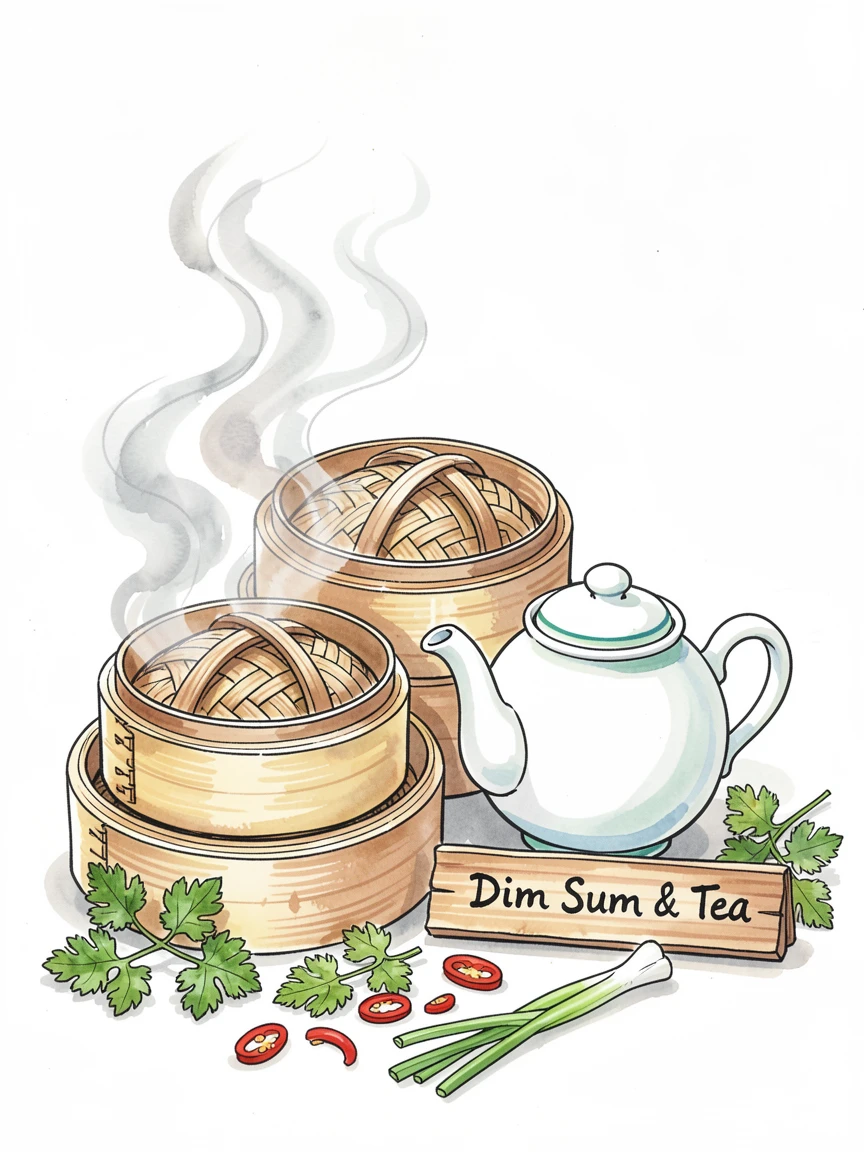 A stack of fluffy dim sum baskets steaming beside a pot of tea, fresh herbs and garnishes scattered artfully around the dish.